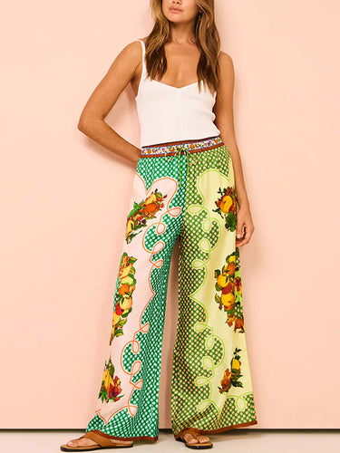 Loose Short Sleeves Contrast Color Floral Printed Lapel Shirt Top&Pants Two Pieces Set