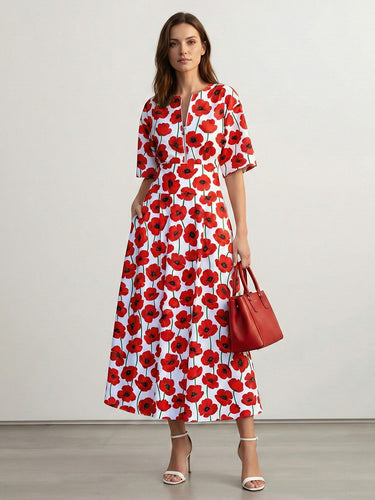 White Floral A-Line Round Neck Midi Dress Uoozee official White Floral A-Line Round Neck Midi Dress Uoozee official