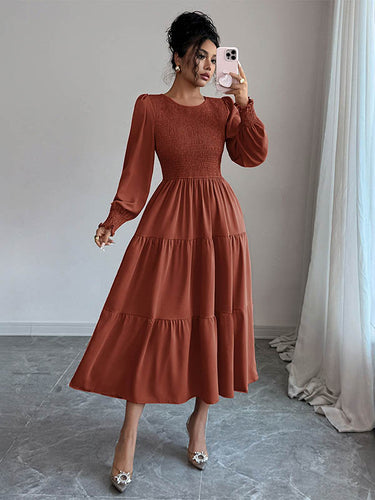 1731544 Elasticated Waist High Waisted Pleated Solid Color Split-Joint Round-Neck Midi Dresses