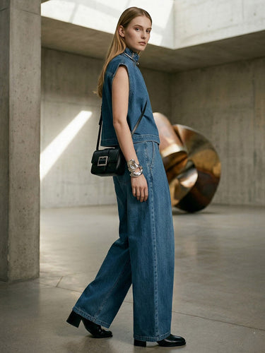 1757271 High Waisted Loose Pleated Pockets Solid Color Split-Joint Jean Pants Bottoms