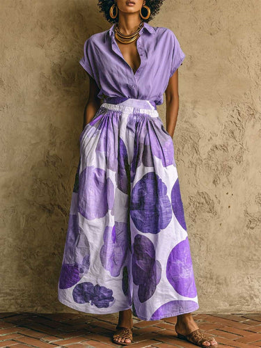 1783418 Loose Wide Leg Buttoned Elasticity Pockets Printed Lapel Two Pieces Set