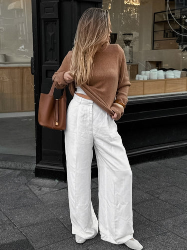 1742269 Elasticated Waist High Waisted Pleated Solid Color Split-Joint Pants