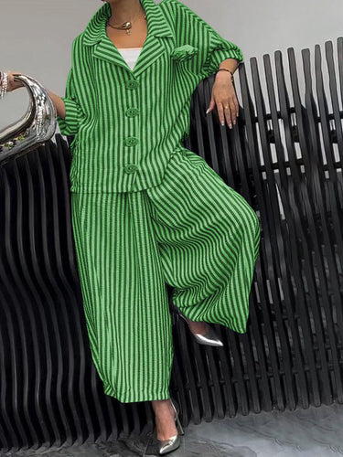 1755446 Long Sleeves Loose Buttoned Contrast Color Striped Notched Collar Two Pieces Set