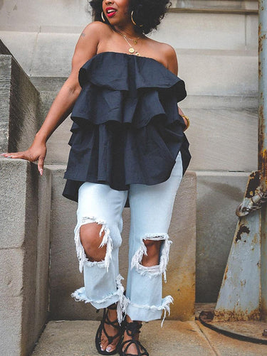 A-Line Loose Elasticity Layered Ruffled Solid Color Tube Vest Top