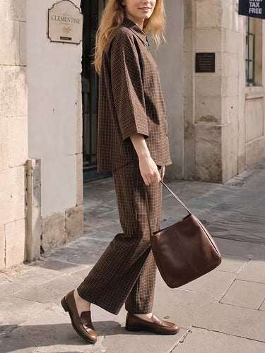 1788746 Solid Color Plain Flared Sleeves Buttoned Lapel Pleated Blouses&Shirts Tops + High Waisted Pockets Pants Trousers Two Pieces Set