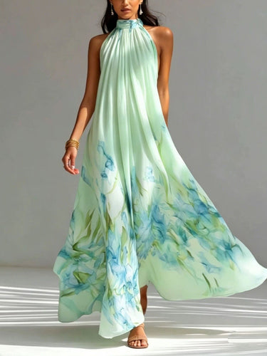 1785437 Loose Sleeveless Flower Print Pleated Pockets Halter-Neck Maxi Dresses