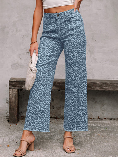 1776939 Bas de pantalon en jean taille haute avec poches léopard