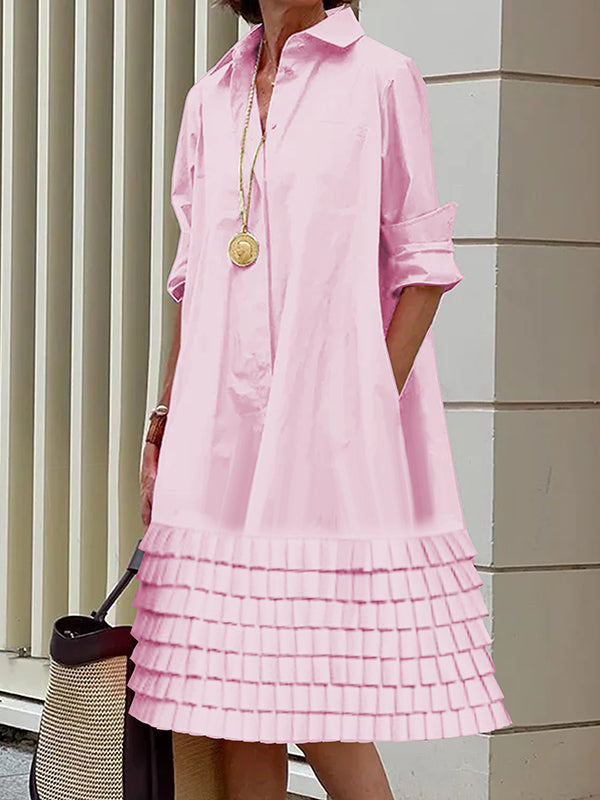 A-Line Long Sleeves Buttoned Pleated Pockets Split-Joint Lapel Midi Dresses Shirt Dress main image 0