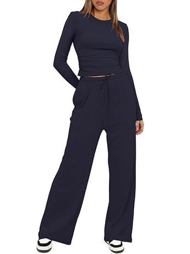 1751554 Solid Color Pleated Round-Neck T-Shirts Tops +  Elasticated Waist High Waisted Drawstring Pants Two Pieces Set