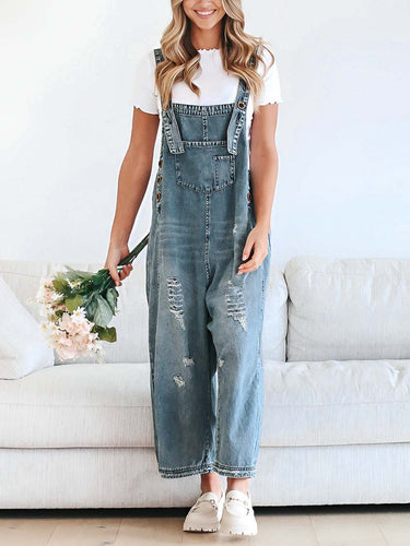 1783234 Cropped Wide Leg Buttoned Pockets Solid Color Adjustable Straps Overalls