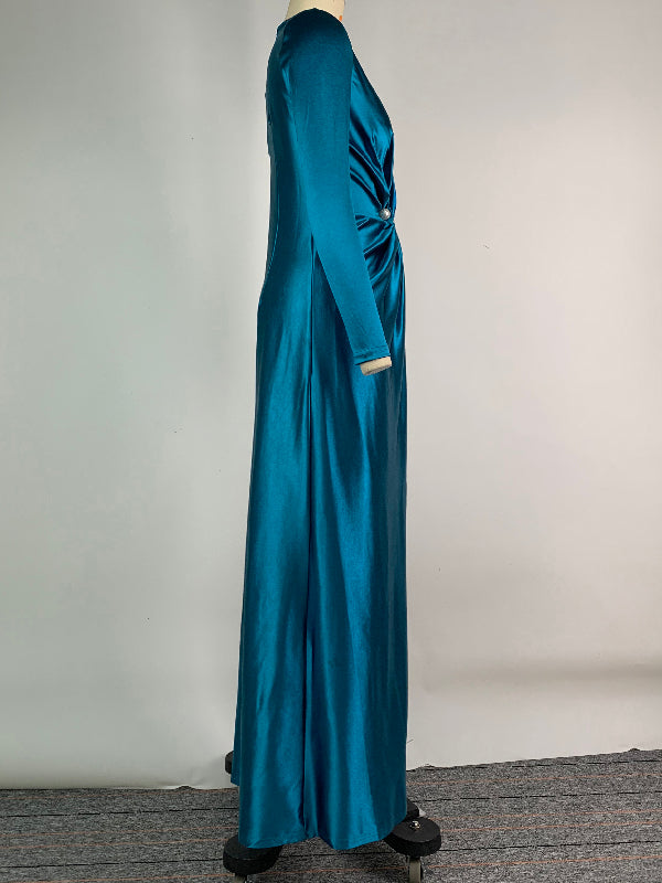 Bodycon Long Sleeves Pleated Solid Color Split-Front Tied Waist Deep V-Neck Maxi Dresses