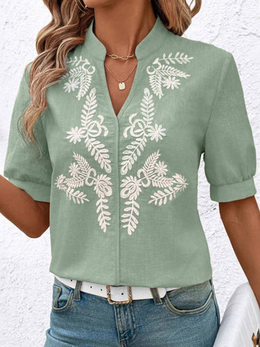 1752256 Loose Short Sleeves Flower-Embellished Contrast Color Split-Joint Stand Collar Blouses&Shirts Tops