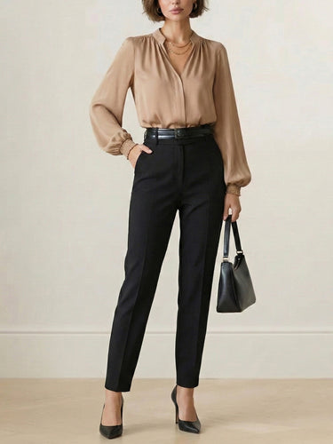 1730349 Long Sleeves Elasticity Pleated Solid Color V-Neck Blouses&Shirts Tops