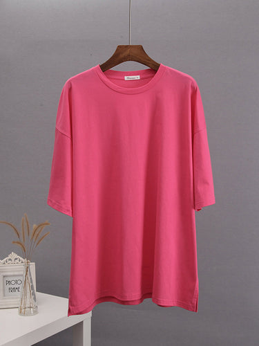 1784028 Loose Short Sleeves Solid Color Split-Side Round-Neck T-Shirts Tops