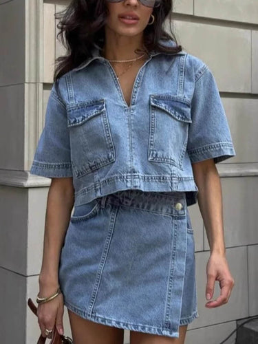 1778299 Lapel Short Sleeves Cropped Blouses&Shirts Tops + Buttoned Pockets Asymmetric Denim Shorts Two Pieces Set