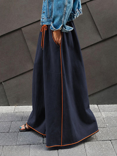 Pockets Elasticity Drawstring Contrast Color Wide Leg Loose Trousers Pants