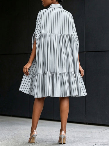 A-Line Batwing Sleeves Buttoned Contrast Color Pleated Ruffle Trim Split-Joint Striped Lapel Midi Dresses