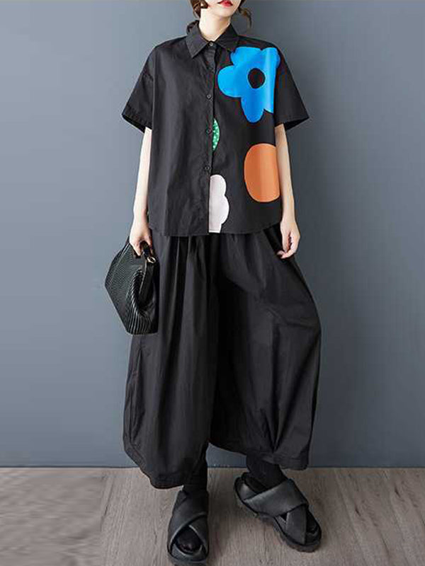 Asymmetric Buttoned Flower Print A-Line Loose Lapel Shirt Dress Midi Dresses