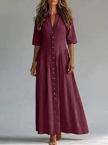 1785833 Half Sleeves Puff Sleeves Buttoned Pleated Solid Color Split-Joint Deep V-Neck Maxi Dresses