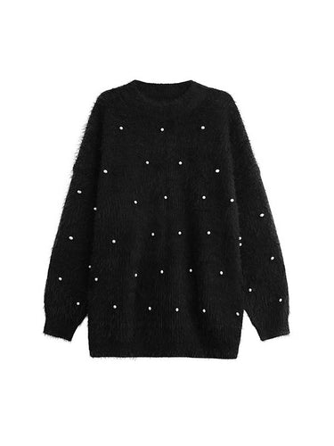 1720184 Long Sleeves Loose Beads Contrast Color Shiny Split-Joint Round-Neck Mini Dresses Sweater Dresses