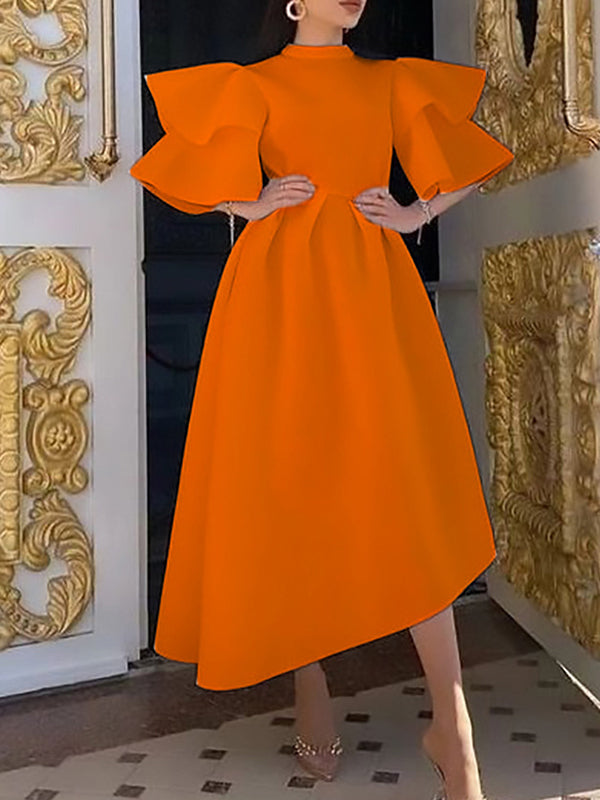 Loose Three-Quarter Sleeves Falbala Printed V-Neck Midi Dresses