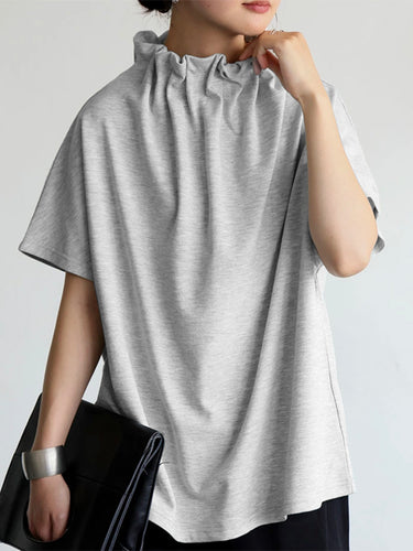 ゆるい半袖ソリッドカラースタンドカラーTシャツのトップ