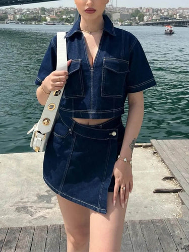1778309 Lapel Short Sleeves Cropped Blouses&Shirts Tops + Buttoned Pockets Asymmetric Denim Shorts Two Pieces Set