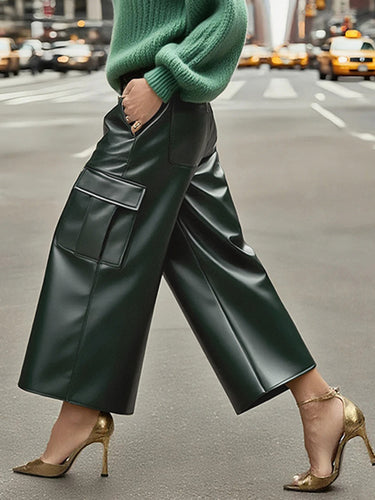 High Waisted Loose Pockets Solid Color Split-Joint Pants Trousers