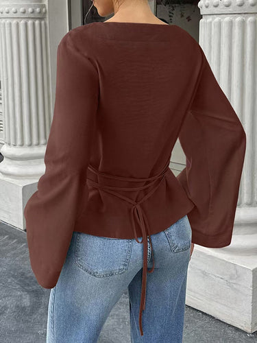 1713814 Elasticated Waist Flared Sleeves Solid Color Split-Joint Tied Waist Round-Neck T-Shirts Tops