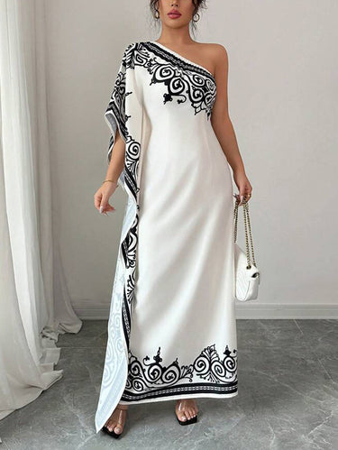 batwing asymmetrical dress PrettyLittleThing Women's PLT Label Asymmetric Batwing Sleeved Cinched Waist Maxi Dress in Taupe