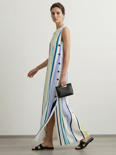 1735661 Loose Sleeveless Buttoned Contrast Color Print Split-Joint Split-Side Striped Round-Neck Maxi Dresses