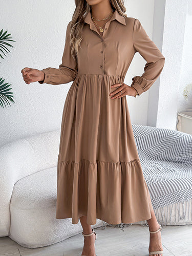 1713668 High Waisted Long Sleeves Pleated Ruffled Solid Color Lapel Midi Dresses Shirt Dress