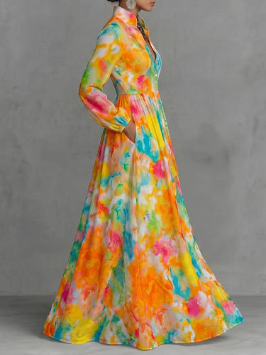 1774988 A-Line Mangas compridas abotoadas cor contrastante bolsos plissados ​​estampados lapela maxi vestidos vestido camisa
