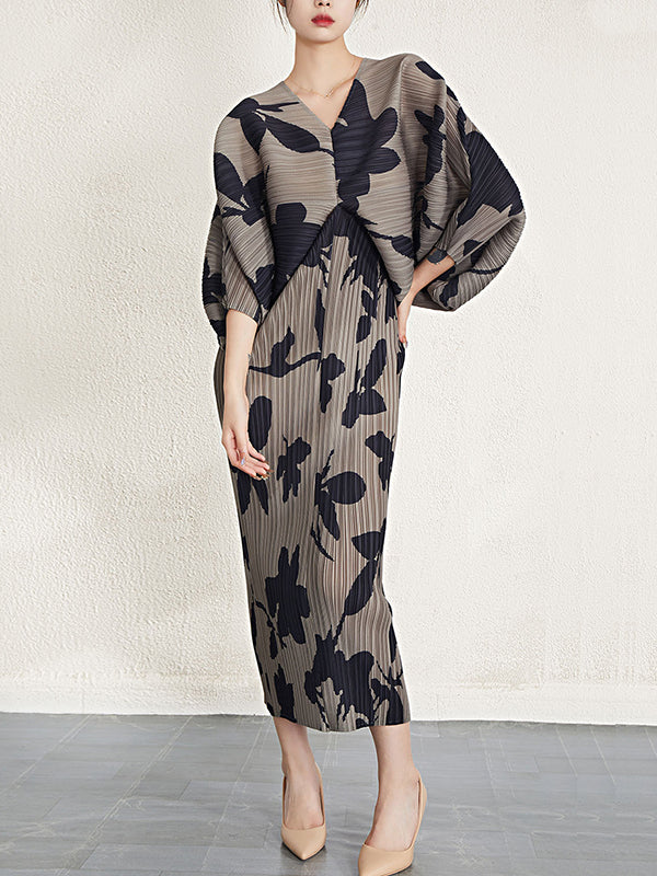 Pleated Solid Color Batwing Sleeves Loose V-Neck Midi Dresses