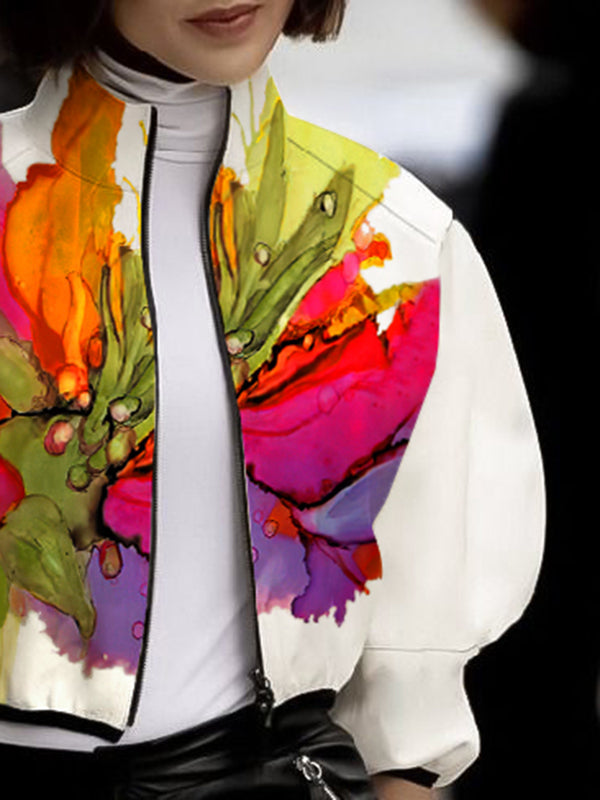 Puff Sleeves Asymmetric Floral Printed Split-Joint Lapel Blouses&Shirts Tops