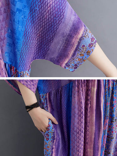 ヴィンテージサイドポケットストライプの花の印刷されたミディドレス