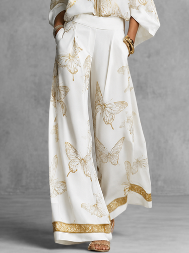 1781460 High Waisted Wide Leg Butterfly Print Contrast Color Pockets Pants Trousers