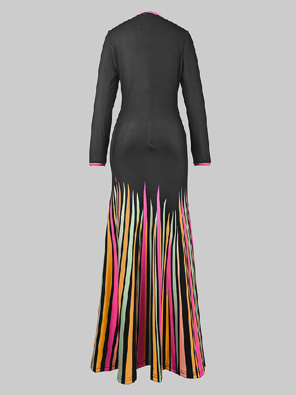 Double Take Full Size Striped Contrast Collared Neck Long Sleeve Dress