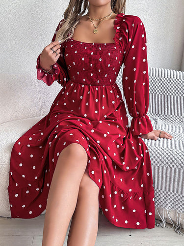 1756111 High Waisted Long Sleeves Pleated Polka Dot Ruffled Square-Neck Maxi Dresses Shirt Dress