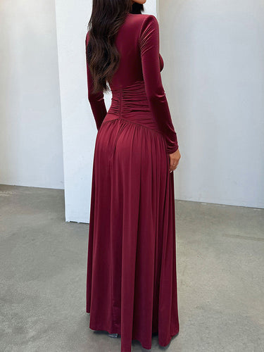 1718274 A-Line Bodycon Pleated Solid Color Split-Joint Split-Side Deep V-Neck Maxi Dresses