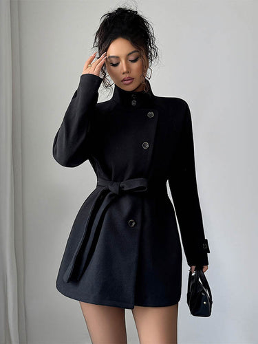 1726760 Elasticated Waist High Waisted Asymmetric Buttoned Solid Color Tied Waist Stand Collar Outerwear