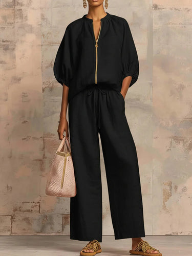 1783212 Half Sleeves Loose Drawstring Elasticity Pockets Solid Color Zipper Round-Neck Blouses&Shirts Tops Pants Trousers Two Pieces Set