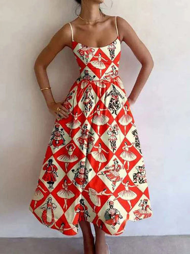 1751252 Elasticated Waist High Waisted Contrast Color Pleated Printed Split-Joint Spaghetti-Neck Midi Dresses