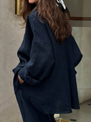 1771084 Loose Solid Color Lapel Buttoned Long Sleeves Blouses&Shirts Tops + Pockets Pants Trousers Two Pieces Set