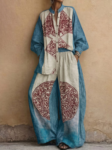 Long Sleeves Loose Buttoned Contrast Color Ethnic Printed Split-Joint Round-Neck Blouses&Shirts Tops