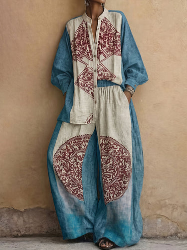 Long Sleeves Loose Buttoned Contrast Color Ethnic Printed Split-Joint Round-Neck Blouses&Shirts Tops