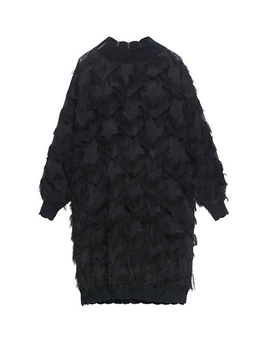 1721431 Irregularity Long Sleeves Asymmetric Mesh Pockets See-Through Solid Color Split-Joint Tasseled Stand Collar Midi Dresses