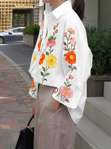 Long Sleeves Loose Buttoned Contrast Color Flower Print Lapel Blouses&Shirts Tops