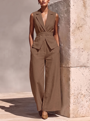 1789041 Solid Color Notched Collar Tied Sleeveless Vest Top + High Waisted Pockets Pants Trousers Two Pieces Set