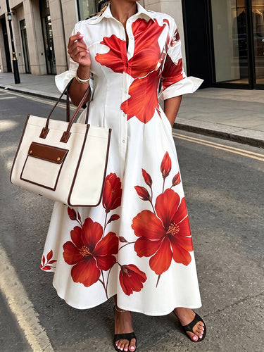 White and Red Floral Buttoned Lapel Maxi Dress – Uoozee official White and Red Floral Buttoned Lapel Maxi Dress – Uoozee official